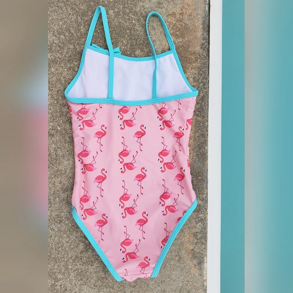 Girls pink flamingo print one piece - Picture 3 of 4